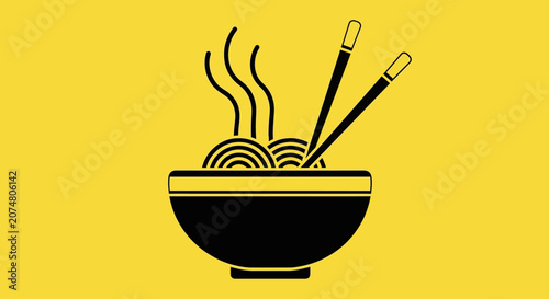 A minimalist black icon of a steaming bowl of noodles on a yellow background
