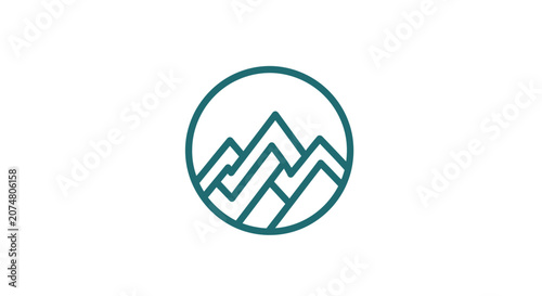 A minimalist circular icon featuring a stylized mountain range design