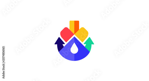 A colorful abstract icon featuring geometric shapes and arrows on white
