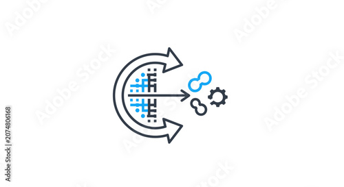 A minimalist graphic icon representing a digital transformation process