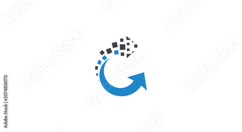 A blue circular arrow transforming into digital square pixels on white background