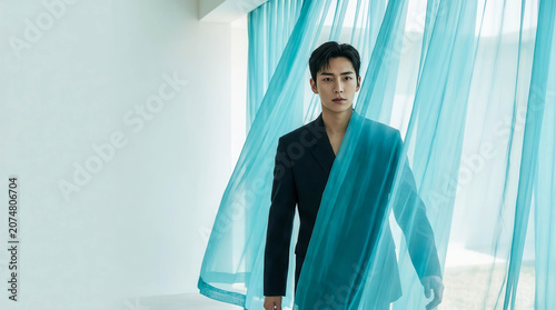 Man stands behind flowing turquoise curtains. He wears a dark tailored coat with calm expression. Light streams through sheer fabric behind him. Image conveys elegance, mystery, and quiet strength