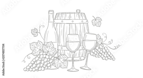 A detailed line drawing of a wine bottle, wooden barrel and two glasses