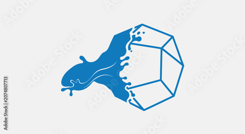 A blue geometric shape with a liquid splash effect on a plain background