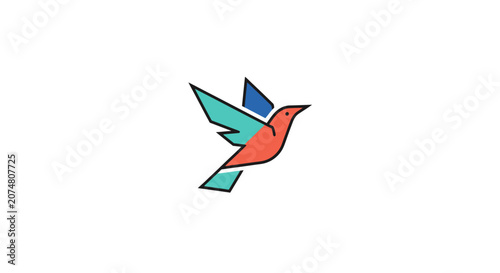 A minimalist graphic illustration of a colorful flying bird icon