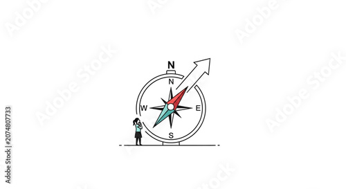 A small person stands beside a large navigational compass on a white background