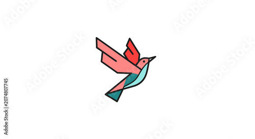 A minimalist graphic illustration of a colorful flying bird in motion