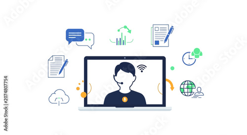 A digital illustration showing a person on a laptop screen with various icons