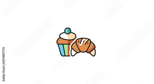 A colorful vector illustration of a sweet cupcake and a flaky pastry
