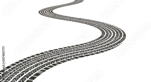 A winding path of black tire tracks on a clean white background