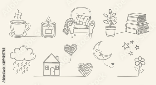 A collection of hand drawn cozy home lifestyle icons on a light background
