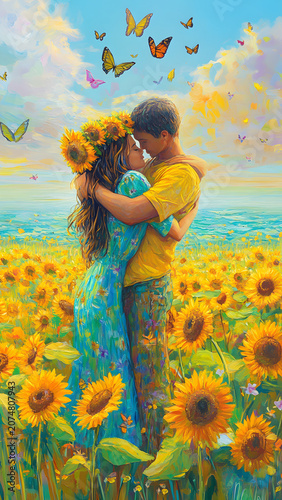 Romantic Embrace in Sunflower Field with Butterflies in Vibrant Digital Artwork  commercial stock asset for creative projects authentic lifestyle branding visual