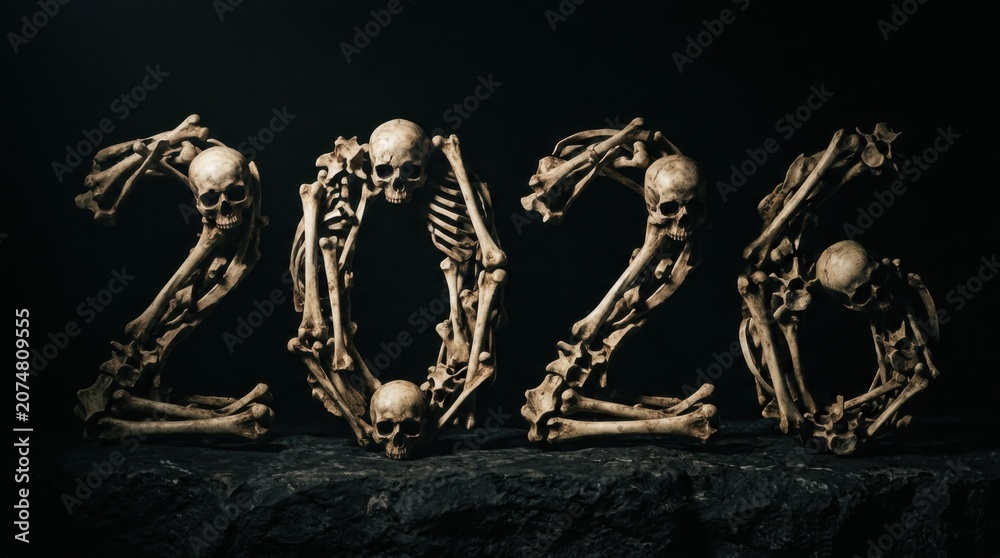 Fototapeta premium Halloween 2026 made of skeleton bodies and bones on dark stone ledge.