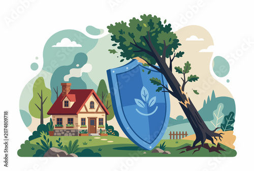 Home Insurance Concept House Protected by Shield from Falling Tree