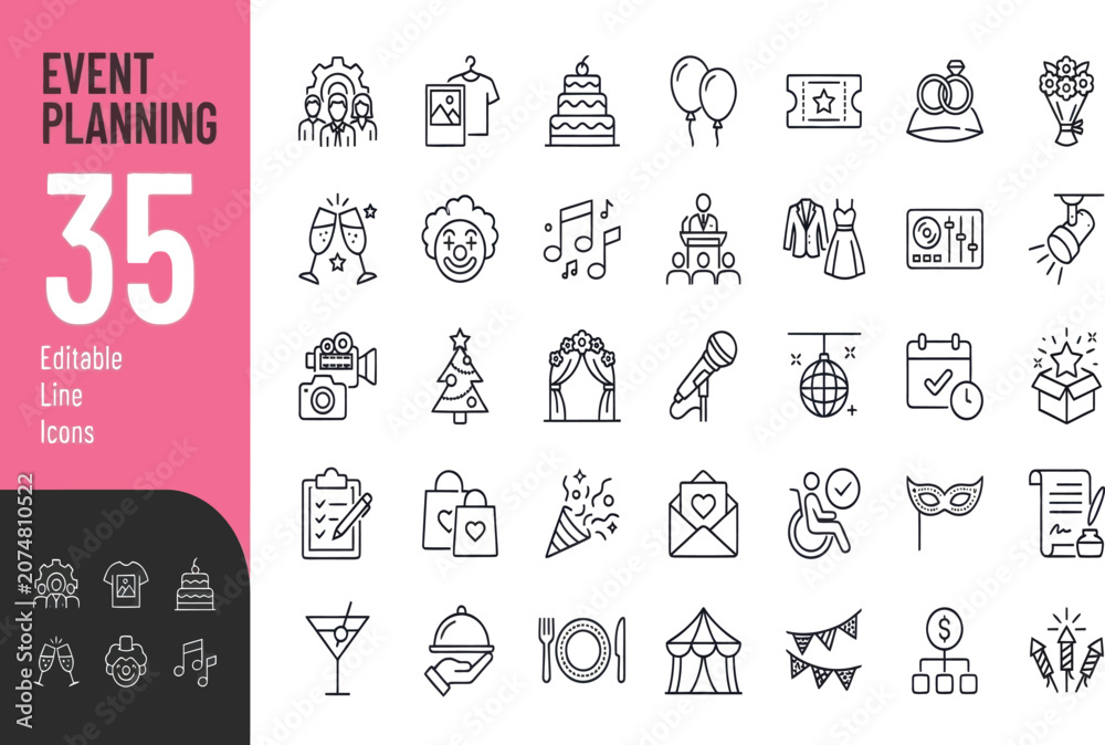 Naklejka premium Set of thirty five hand drawn event planning and party celebration icons in a sketch style Vector, illustration