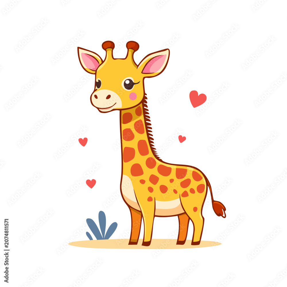 Obraz premium Cute cartoon giraffe with hearts and plant