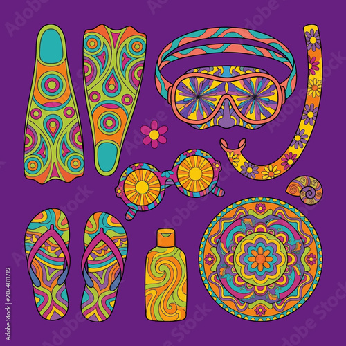 Retro Beach Accessories and Swim Gear with Psychedelic Patterns