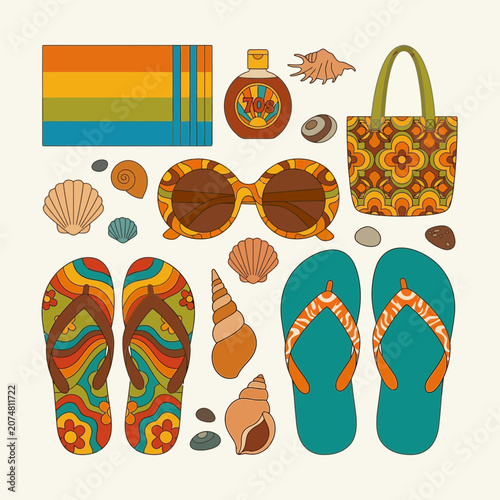 Retro Beach Summer Vacation Flat Lay with Sunglasses, Flip Flops and Shells