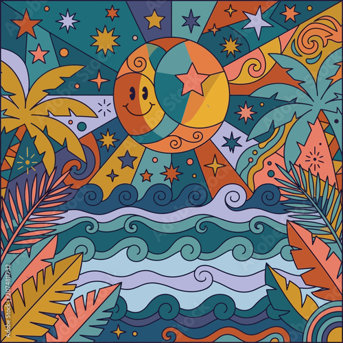 Retro Boho Celestial Moon Sun Tropical Beach Waves Palm Trees