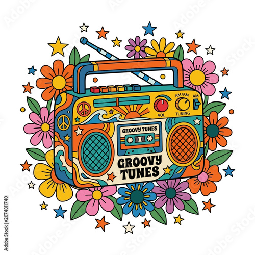 Retro Boombox with Flowers and Stars, 70s Groovy Tunes