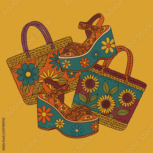 Retro Boho Style Platform Shoes and Woven Bags with Floral Patterns