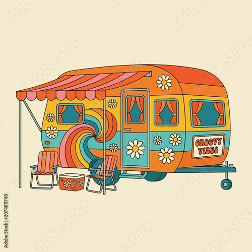 Retro Camper Van with Flower Decals and 