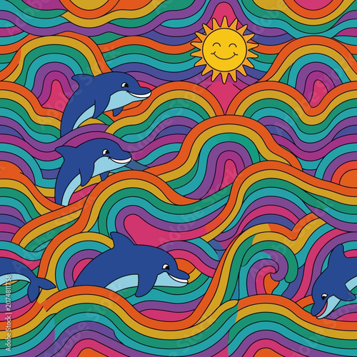 Retro Dolphins and Sunny Waves Psychedelic Pattern