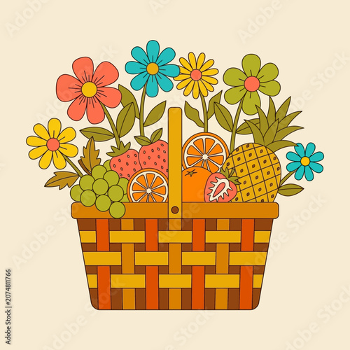 Retro Flower and Fruit Basket Picnic Illustration