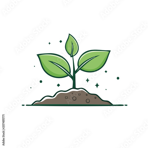 Green seedling growing from soil, flat vector illustration