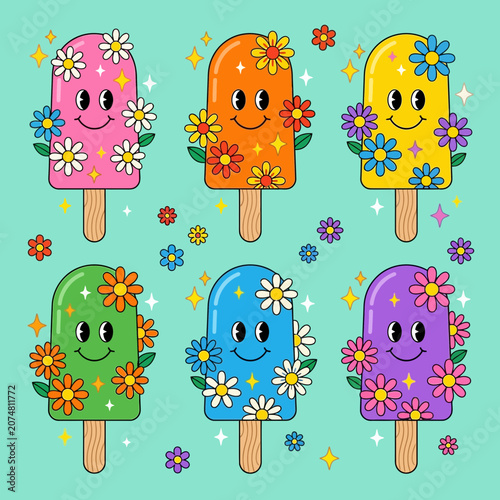 Retro Popsicle Characters with Flowers