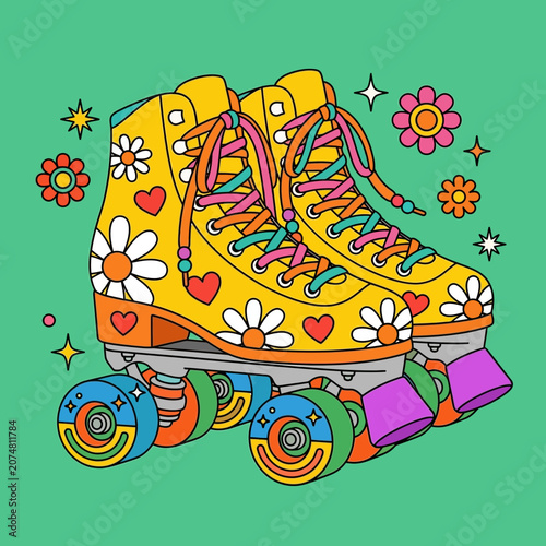 Retro roller skates with colorful flowers and hearts pattern