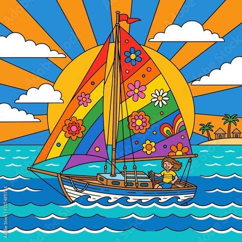 Retro sailboat with rainbow sail, girl at helm, sunrise, island scene