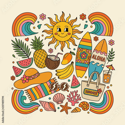Retro Summer Beach Vacation Icon Set