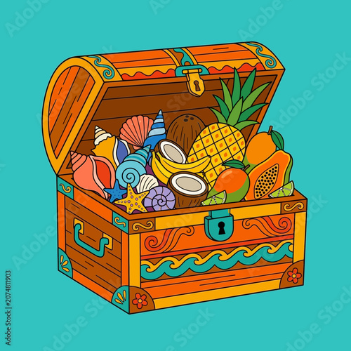 Treasure chest overflowing with tropical fruits and seashells