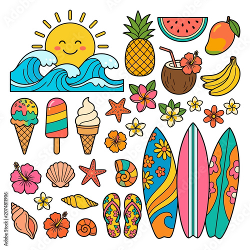 Summer Vacation Elements: Sun, Waves, Surfboards, Fruits, Ice Cream & Flowers