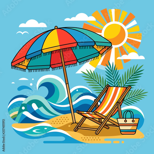 Tropical Beach Scene: Sun, Umbrella, Chair, Waves, Bag, Palm Leaves, Sky