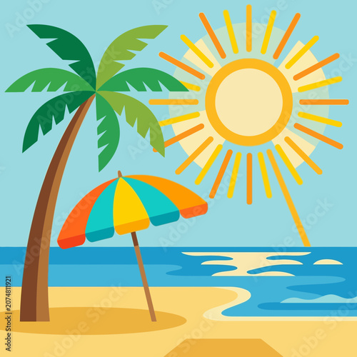 Tropical Beach Paradise: Sun, Palm Tree, Umbrella, Ocean