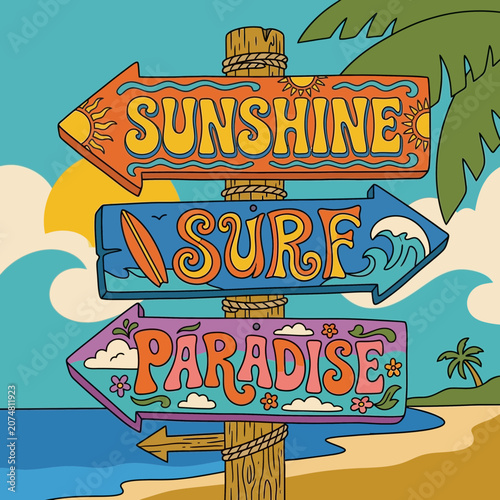 Sunshine Surf Paradise Directional Signs Retro Beach Vacation