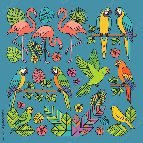 Tropical Birds and Leaves Illustration: Flamingos, Parrots, Exotic Plants