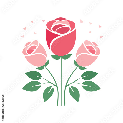 Three flat style roses with hearts illustration