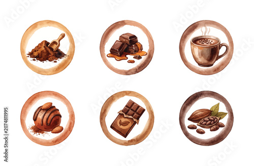 Watercolor chocolate icon set with cocoa beans, truffles, hot drink, and bars isolated on white background