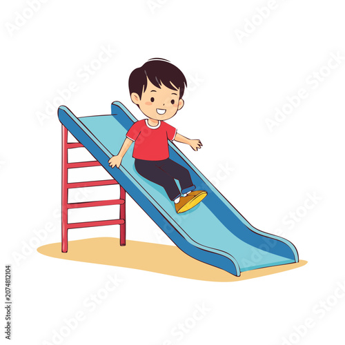 Cartoon boy sliding down a playground slide