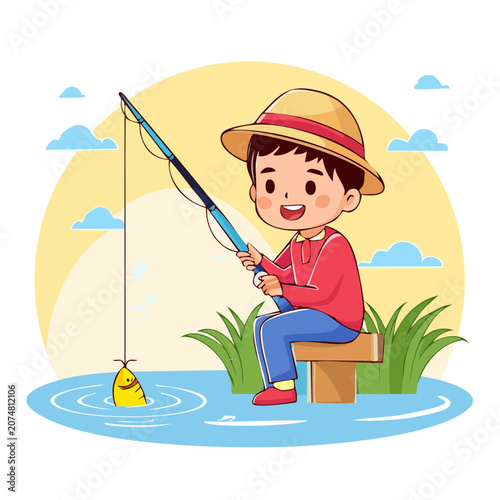 Cartoon boy fishing by the pond