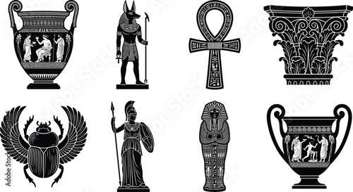 Photos Ancient history icons collection featuring Egyptian gods pharaoh sarcophagus Gre