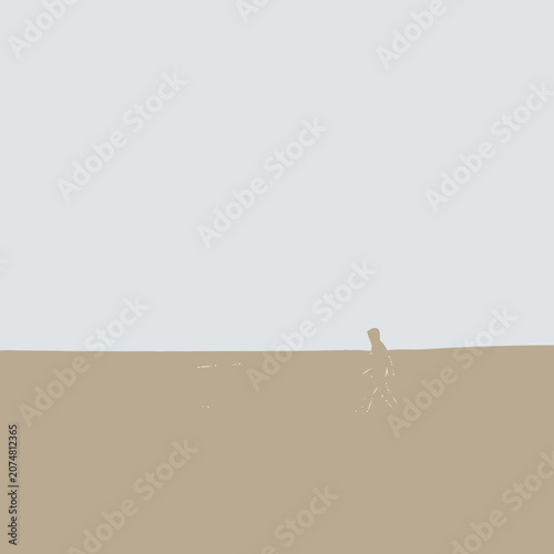 Solitary figure walking across vast, minimalist desert landscape under pale sky
