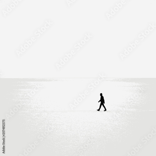 Solitary figure walks across vast, minimalist white landscape, symbolizing journey and isolation.
