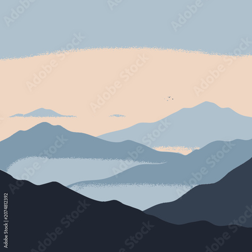 Serene Mountain Landscape at Dawn, Pastel Sky and Blue Hues, Minimalist Vector Art