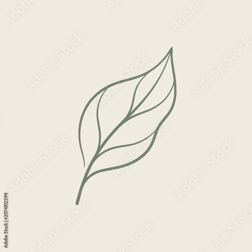 Minimalist botanical line art of a single elegant leaf on a soft beige background.