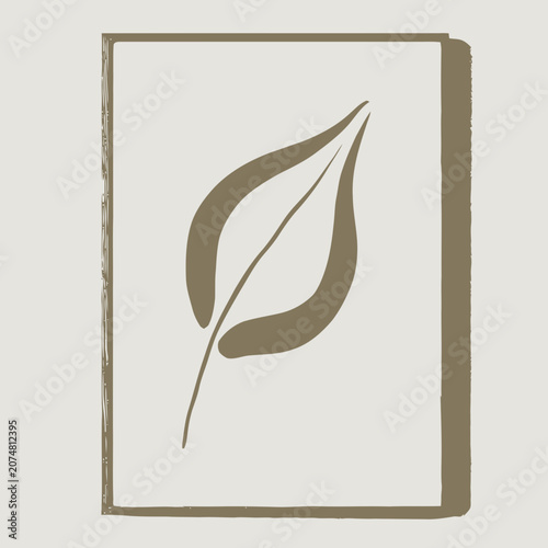 Minimalist botanical illustration of a single leaf in muted earth tones, framed within a textured rectangle.