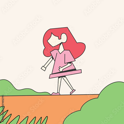 Minimalist illustration of a person with red hair in pink outfit and shoes walking outdoors on orange brown path with green bushes and light sky, geometric modern design emphasizing motion and playful